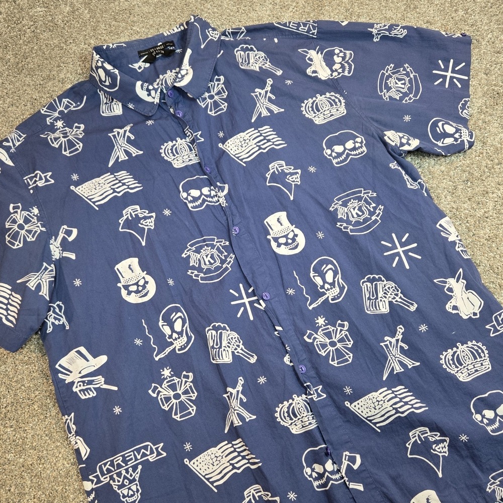 KR3W Men's 2XL‎ Blue/White Graphic Print Short Sleeve Button-Up Shirt Mardi gras